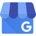 Google Business icon: House or roof with light blue/dark blue stripes, bottom of house is blue, with a white G in the right side.